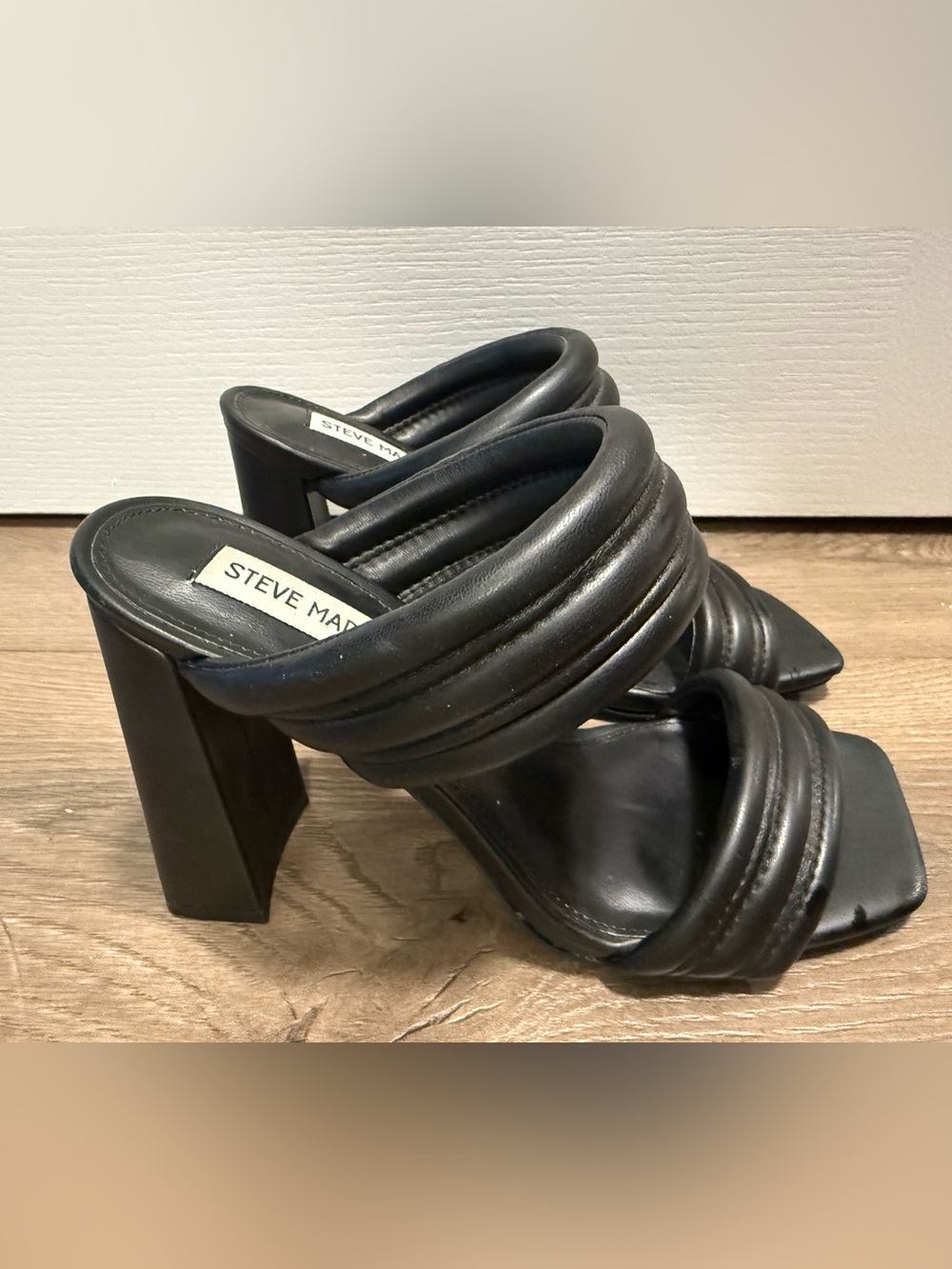 Steve Madden Tahani Black Quilted Double-Strap Block Heel Sandals